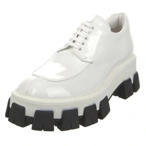 Authentic Prada White Patent Leather Monolith Laceup Loafer Womens Size 40 / 9.5